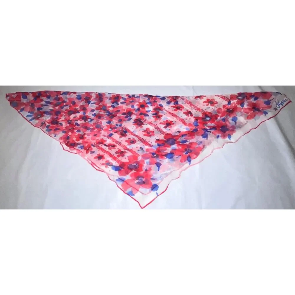 Vintage Vera Neumann Scarf - Sheer - Ladybug signed - Red & Blue Flowers